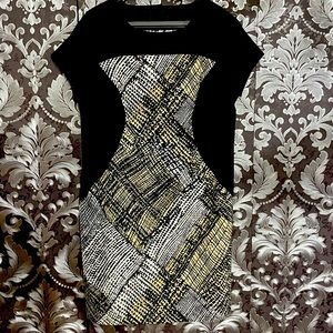 Black dress with center tan and cream